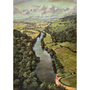 Limited edition print of the view from Symonds Yat, The River the Wye in The Forest of Dean, Hertfordshire, England, Oil painting, Canoeing