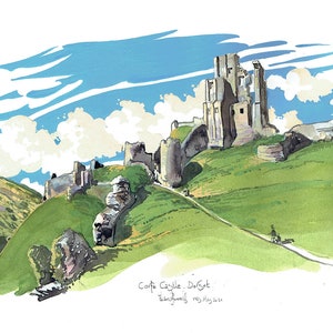 Limited edition print of Corfe Castle in Dorset, Countryside, Hills, Trees, hills, Sunny day, England, English civil war, Round Head,