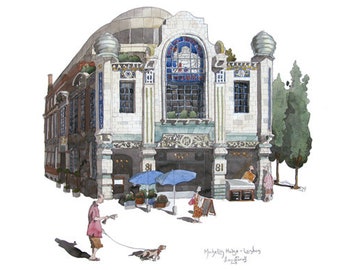 Impressão de edição limitada do The Michelin Building, Fulham. Restaurante Bibendum, dia ensolarado, oeste de Londres, pintura em aquarela