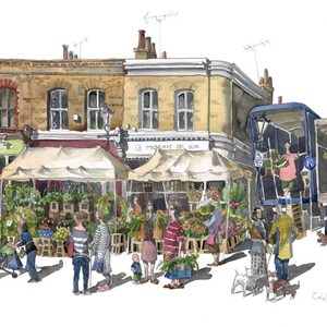 Limited edition print of Columbia Road Market, London, Painting,  Hackney, Street Scene, flower market, lorry, dogs, plants,