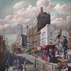 Limited edition print of Commercial Street, Spitalfields, London, East London, Spitalfields, Shops, Pub, Market painting, oil painting,