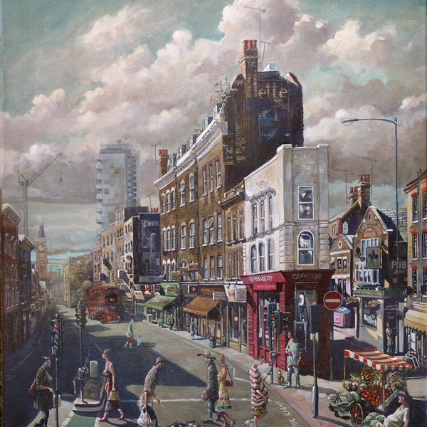 Limited edition print of Commercial Street, Spitalfields, London, East London, Spitalfields, Shops, Pub, Market painting, oil painting,