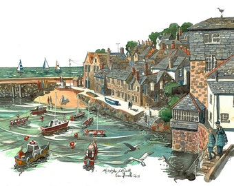 Limited edition print of Mousehole in Cornwall, Cornwall, Sea, harbour, Poldark, Holiday, Fishing, Village, boats, Seagulls, boats