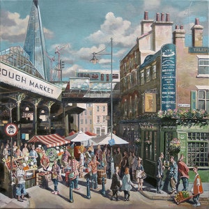 Limited edition print of The Market Porter pub in Borough Market, Wine, pub, The Shard, Railway, market, vegetables, Trains, Southwark,
