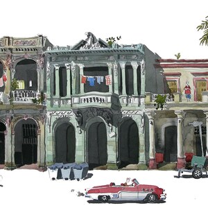 Limitierter Druck einer Straße in Havanna, Kuba, 50er Jahre Autos, Autos, Pferd und Wagen, Karibik, Architektur, Aquarell, Aquarell,