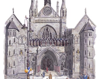 Op de afbeelding: Een aquarel schilderij van de Royal Courts of Justice in Londen, Engeland. Het gebouw is een groot, grijs stenen gebouw met een hoge, puntige toren. Er lopen mensen voor het gebouw, en de tekst "The Royal Courts of Justice" staat onderaan het schilderij.