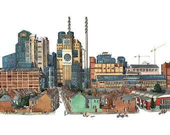 May include: A watercolor painting of a city skyline with a large industrial complex in the center. The complex has tall smokestacks and a clock tower. There are smaller buildings surrounding the complex, and a row of houses in the foreground. The painting is done in a realistic style, with a focus on detail.