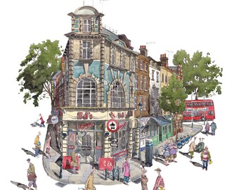 May include: Watercolor painting of a London street corner featuring a building with the sign "Ed's Diner". A red double-decker bus is visible. People are walking on the sidewalk. The artwork is signed "Old Compton Street, London, Susan O'Farrell 2015".