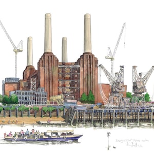 Limited edition print of Battersea Power Station, Paintings of London, London paintings, Battersea, River Thames, Thames, Boats, Pink Floyd