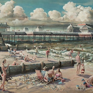 Limited edition print van Cromer Pier, Norfolk, toeristen, meeuwen, pier, vakantie, strand, ligstoel, zonaanbidders, zand, picknick, sunn