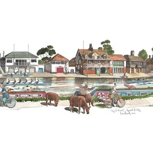 Limited edition print van The Cambridge University Boat Houses, rivier, koeien, fiets, boten, studenten, Cambridgeshire, River Cam, Canal boat