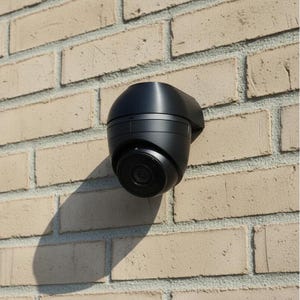 Puede incluir: Una cámara de seguridad negra montada en una pared de ladrillos de color marrón claro. La cámara tiene forma de cúpula redondeada con una lente en la parte delantera. La sombra de la cámara es visible en la pared.