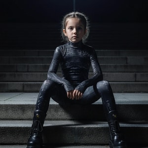 Może przedstawiać: Osoba w czarnym, teksturowanym kombinezonie i czarnych butach siedzi na betonowych schodach. Strój ma wysoki kołnierz i długie rękawy. Tekst "CRYPTWEAR.CO DressUp Tales" jest widoczny w lewym górnym rogu.