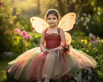 Woodland fairy costume girls autumn tutu dress fairy wings wand fall princess costume kids halloween forest fairy nature inspired fan made