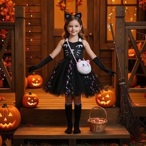 Cat Tutu Dress Girls Costume, Black Cat Halloween Outfit, Kitty Costume with Ears Tail, Animal Tutu Dress Up, Festival Carnival, Fan Made