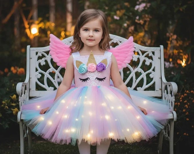 Unicorn Tutu Dress Girls LED Light Up Rainbow Princess Costume Halloween Birthday Party Glowing Dress Kids 2-10Y Fan Made Inspired