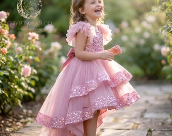 Abito da ballo con paillettes per bambine, abito da damigella d'onore in tulle vaporoso, abito per feste di compleanno per bambini, abito da principessa per concorsi di bellezza, abito da sera per balli di fine anno, asimmetrico, realizzato da un fan.