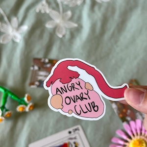 May include: A pink sticker with the text "ANGRY OVARY CLUB" in black lettering. The sticker has a cartoonish design with a red, curved shape at the top. The sticker is held by a hand.