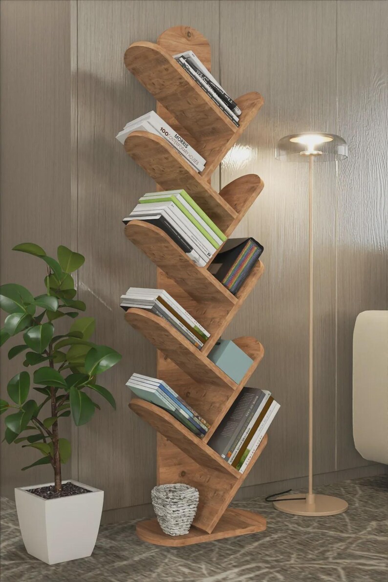 Next Tree Bookcase Tree Bookshelf | 10-tier Wooden Bookcase | Vertical Book Shelf | Rustic ...