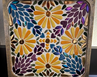 Mosaic Flower Design on 9”x9” Wooden Tile
