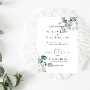 Wedding Invitation, Greenery, Eucalyptus, Botanical, Leaves, Instant Download, Printable, Template, Digital
