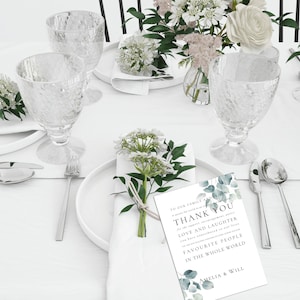 Carte de table de remerciement de mariage, carte de remerciement, verdure, eucalyptus, botanique, feuilles, téléchargement immédiat, imprimable, modèle, téléchargement