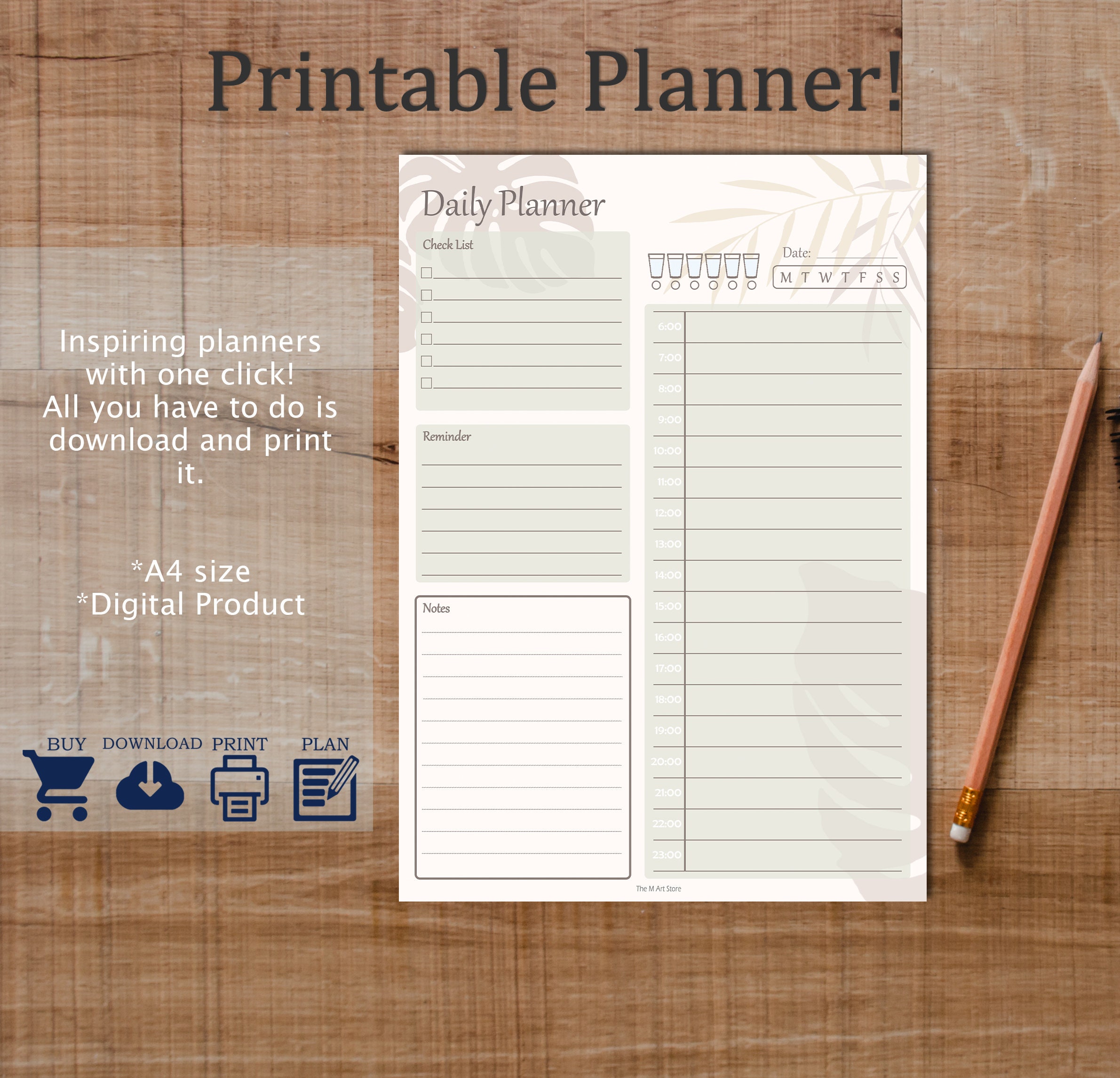 Digital Planner Pattern Digital Printable Planner Leaf Pattern Hourly Planner - Etsy