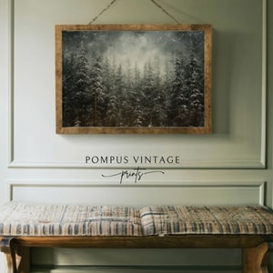 Moody pine tree forest at night in green hues, snowflakes falling from the sky. Perefect for christmas decorating, christmas wall art