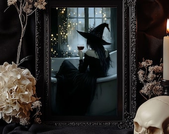 Witching Hour Bath Repose - Darkly Luxurious Halloween Wall Decor,  Bathroom Art Print, Gothic Bathtub Artwork, Halloween Bath Room Decor