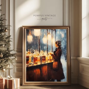 Yuletide Bar Cart Soiree - Vintage 1950s Christmas Scene Art Print, Snowy Holiday Cottagecore Wall Art, Downloadable Rustykalny obraz do wydrukowania