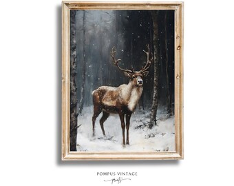 Vintage Reindeer Snowy Forest Oil Painting Print, Moody Forest Winter Wall Art, Christmas Holiday Decor, Snowy Aesthetic Artwork, PRINTABLE