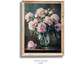 Vintage Romantic Peony Floral Still Life Print - Dusty Pink Neutral Floral Cottagecore Still Life Wall Art, PRINTABLE Instant Download