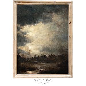 Dark Moody Night Sky with Clouds & Moon - Gothic Digital Art Print, Vintage Antique Witchy Painting for Goth Dark Academia Wall Decor