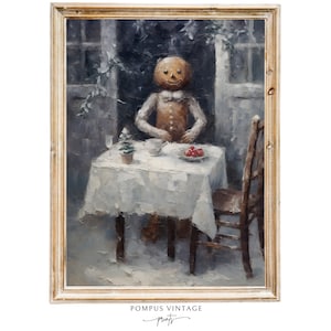 Vintage Gingerbread Man in Winter Oil Painting Print - Christmas Table Decor - Moody and Rustic Holiday Art - Fine Art Winter Decor