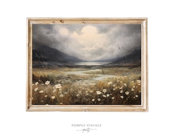 Moody Landscape Digital Oil Painting | Dark Academia Decor, Countryside Wall Art, Vintage Art Print, Downloadable Dark Moody Wildflower