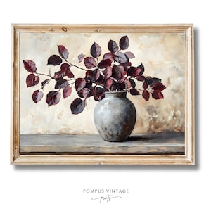 Vintage Moody Burgundy Branches Art Print - Dark Floral Fall Decor Oil Painting, Printable Wall Art, Moody Floral Art,Vintage Autumn Artwork