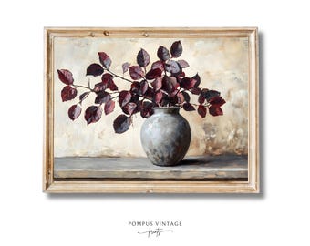 Vintage Moody Burgundy Branches Art Print - Dark Floral Fall Decor Oil Painting, Printable Wall Art, Moody Floral Art,Vintage Autumn Artwork