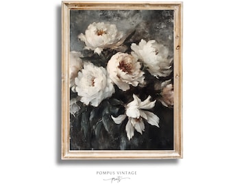 Pintura a óleo floral vintage com flores de peônia - Arte de parede monocromática neutra de natureza morta cottagecore, IMPRIMÍVEL, arte para download instantâneo