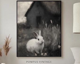 Dipinto di coniglietto pasquale vintage, stampa artistica Cottagecore Moody, decorazioni pasquali vintage, dipinto di coniglio stampabile, stampabile di Pasqua, Dark Academia