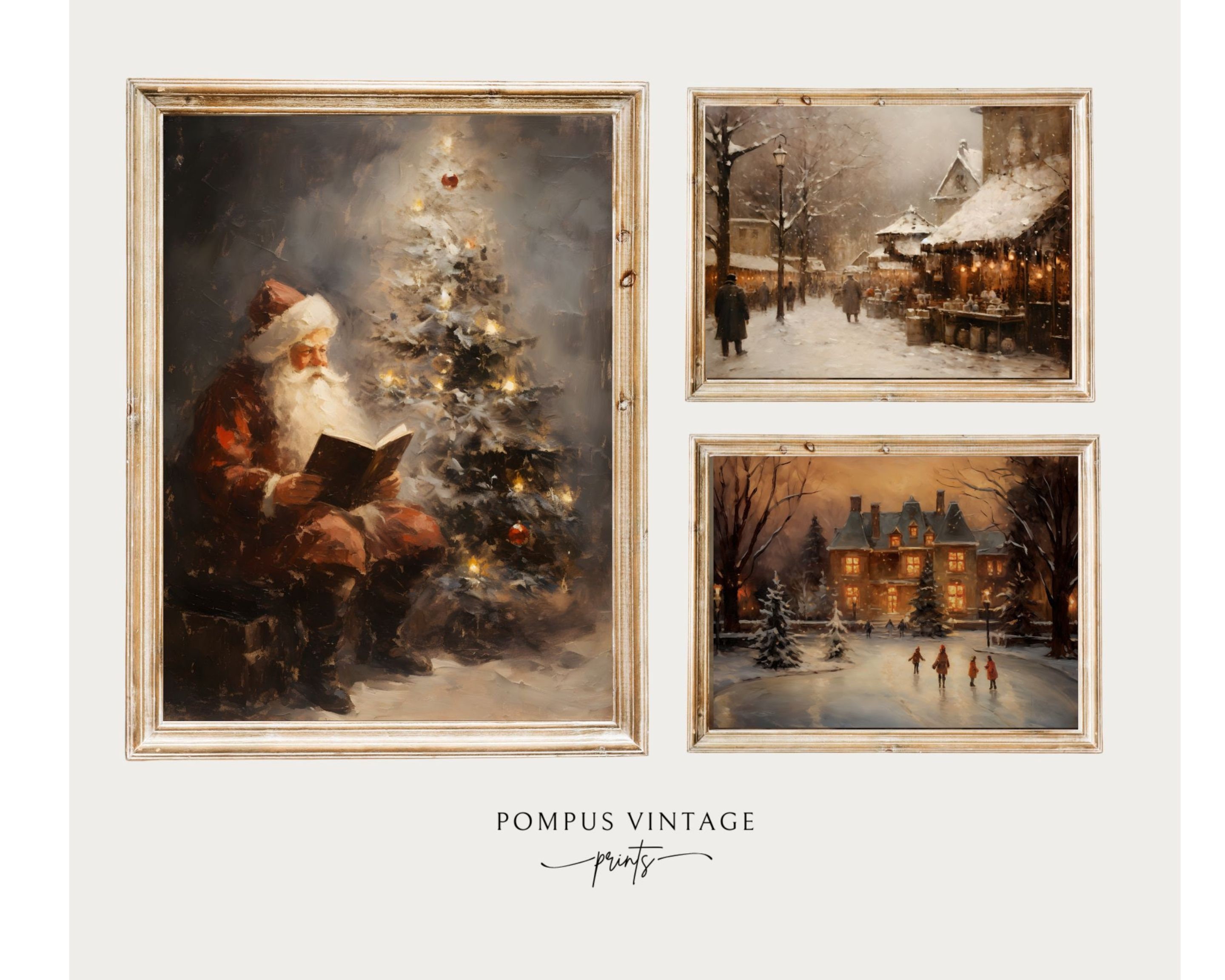 Christmas Art Print Set of 3 - Vintage Christmas Trio Art Print Set ...