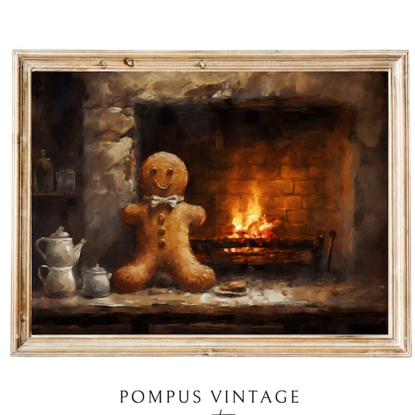 Fireplace Oil Painting Gingerbread Art Christmas Scene Printable Kitchen Art Print Vintage Christmas PRINTABLE Fire Painting Winter Wall art