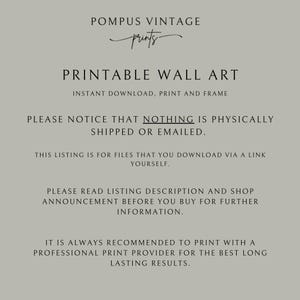 May include: Printable wall art text overlay on a light gray background. The text reads "Pompous Vintage Prints", "Printable Wall Art", "Instant Download, Print and Frame", "Please notice that nothing is physically shipped or emailed.", "This listing is for files that you download via a link yourself.", "Please read listing description and shop announcement before you buy for further information.", and "It is always recommended to print with a professional print provider for the best long lasting results."