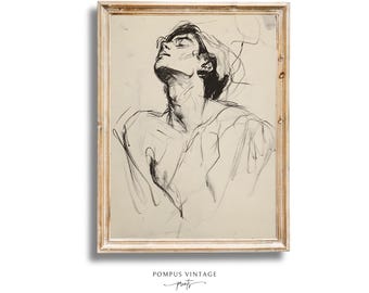 Vintage Bold Female Figure Sketch -  Woman Line Drawing Print, Old Wall Art Printable, Neutral Beige Farmhouse Home Decor, Downloadable