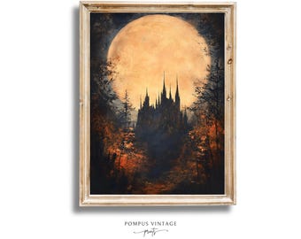 Haunting Gothic Moonlit Castle Forest Wall Art Print - Dark Woodsy Fantasy Decor, Vibrant Rustic Fall Countryside Nightime Landscape Artwork