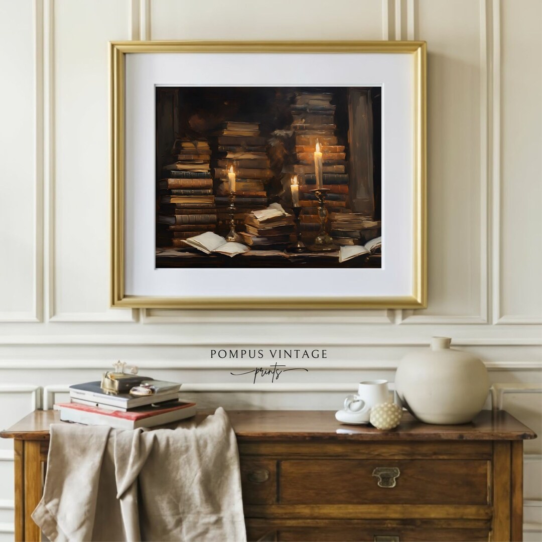 Vintage Bookshelf Art Print - Dark Academia Reading Decor - Literary ...
