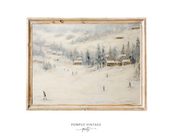 Vintage Ski Art - Vintage Ski Resort Oil Painting Print - Skiing Poster, Vintage Ski Art, Ski Prints Download - Winter Nature Wall Decor