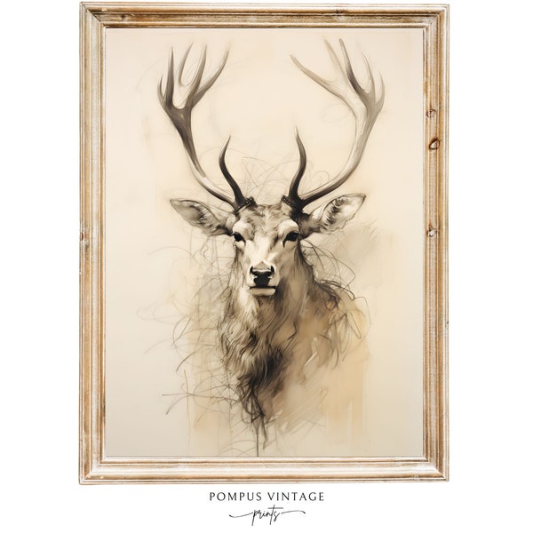 Vintage Deer with Big Antlers Drawing Print - Nature-Inspired Art, Stag Wall Decor - Gift for hunter Christmas - Vintage Deer Sketch Print