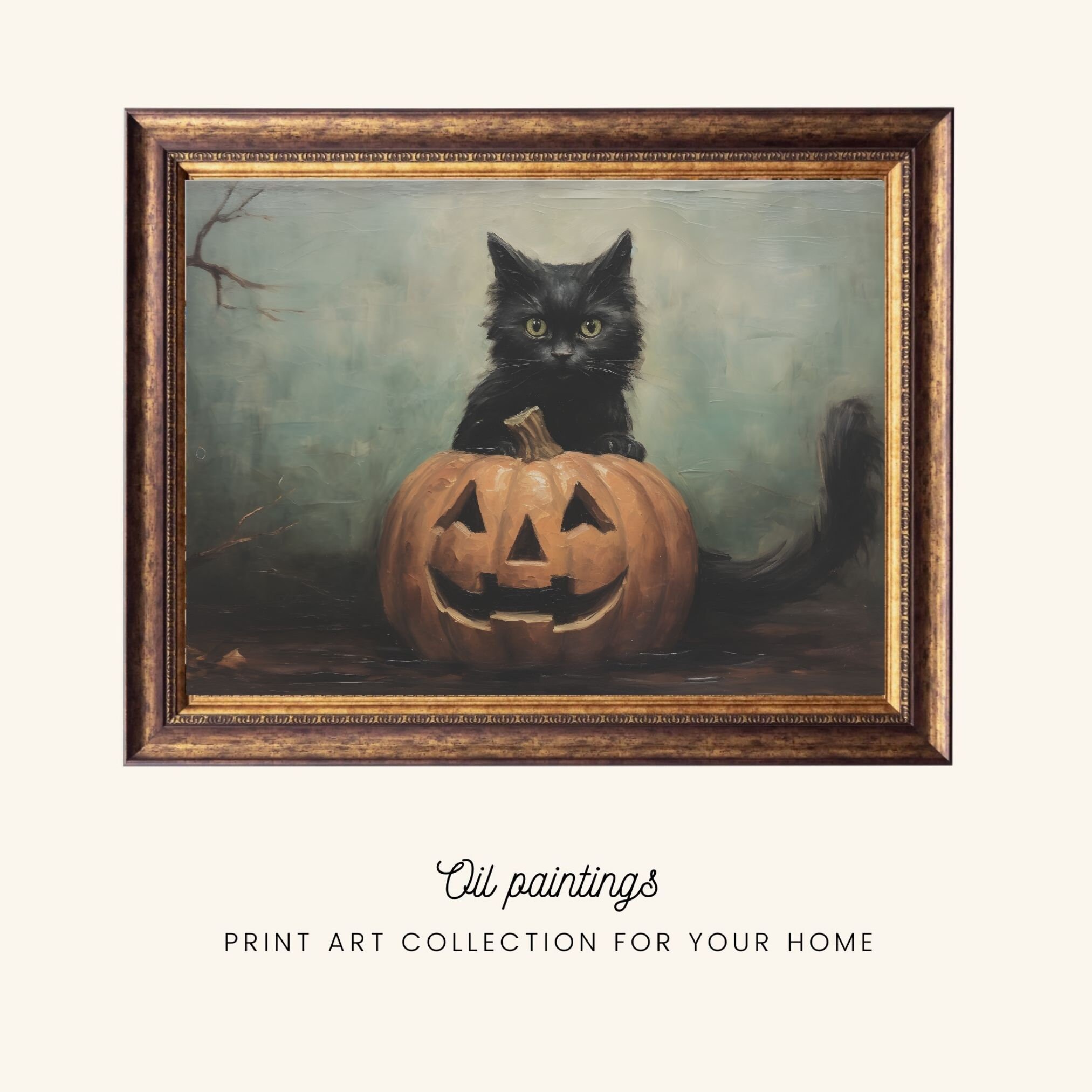 Black Cat and Pumpkin Art Print Black Kitten Art Print