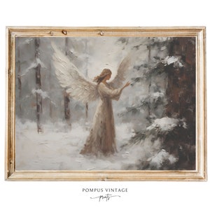 雪に覆われた森のヴィンテージ天使の油絵プリント | 冬のワンダーランドの壁アートクリスマス絵画 | 印刷可能なクリスマスアートプリント