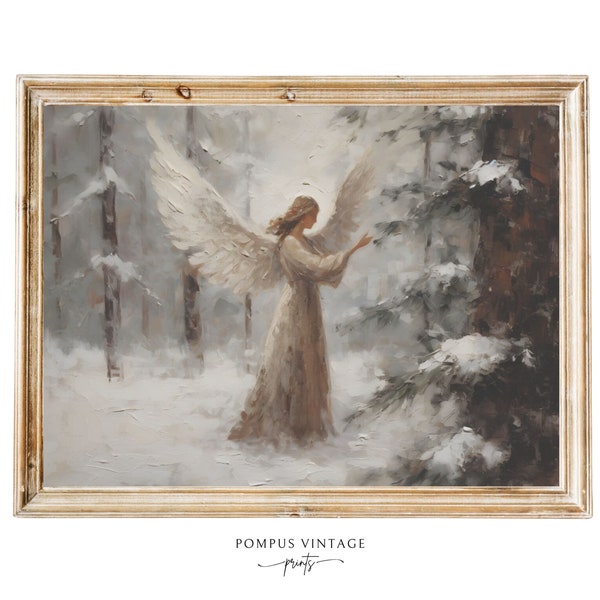 Vintage Angel in Snow-covered Forest Oil Painting Print | Winter Wonderland Wall Art Christmas Painting | PRINTABLE Christmas Art Print